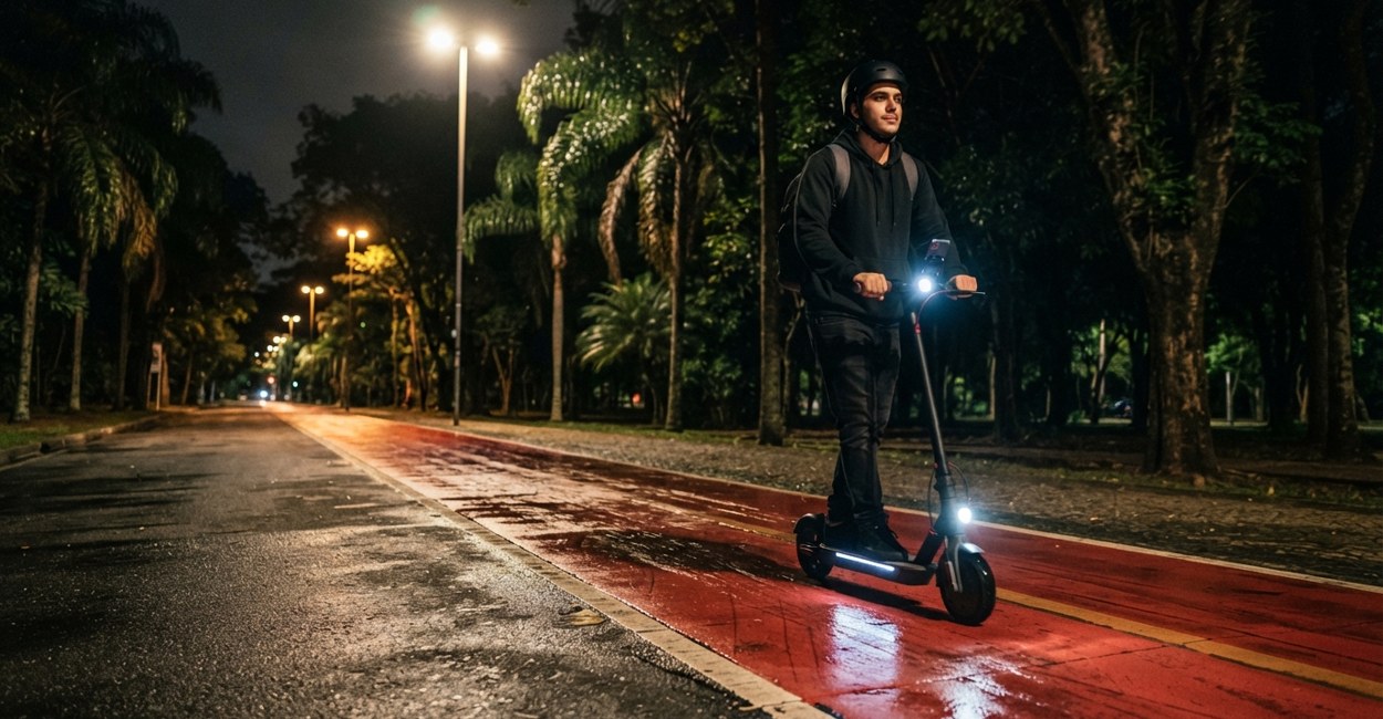 Rapaz de capacete pilota patinete elétrico com farol e luz lateral acesos numa ciclofaixa à noite