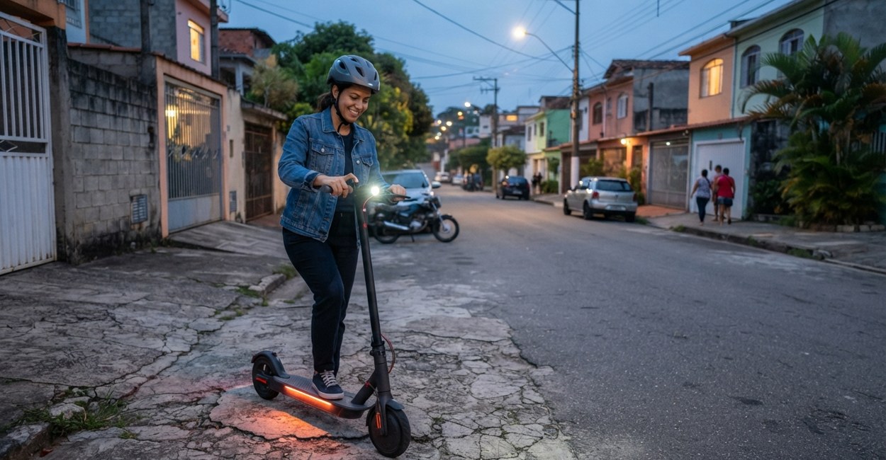Mulher de capacete confere o farol e a campainha do patinete elétrico numa rua de bairro ao anoitecer