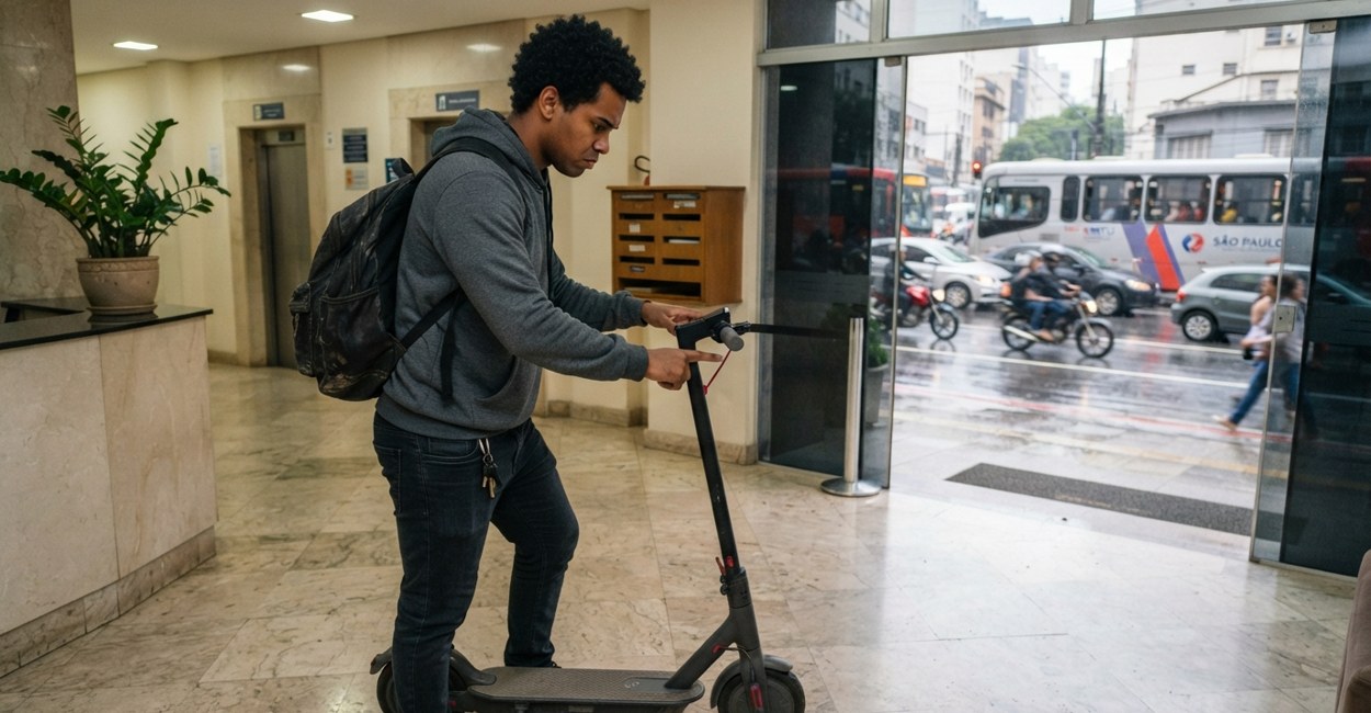 Jovem de mochila aperta o botão de um patinete elétrico com o painel apagado no hall do prédio