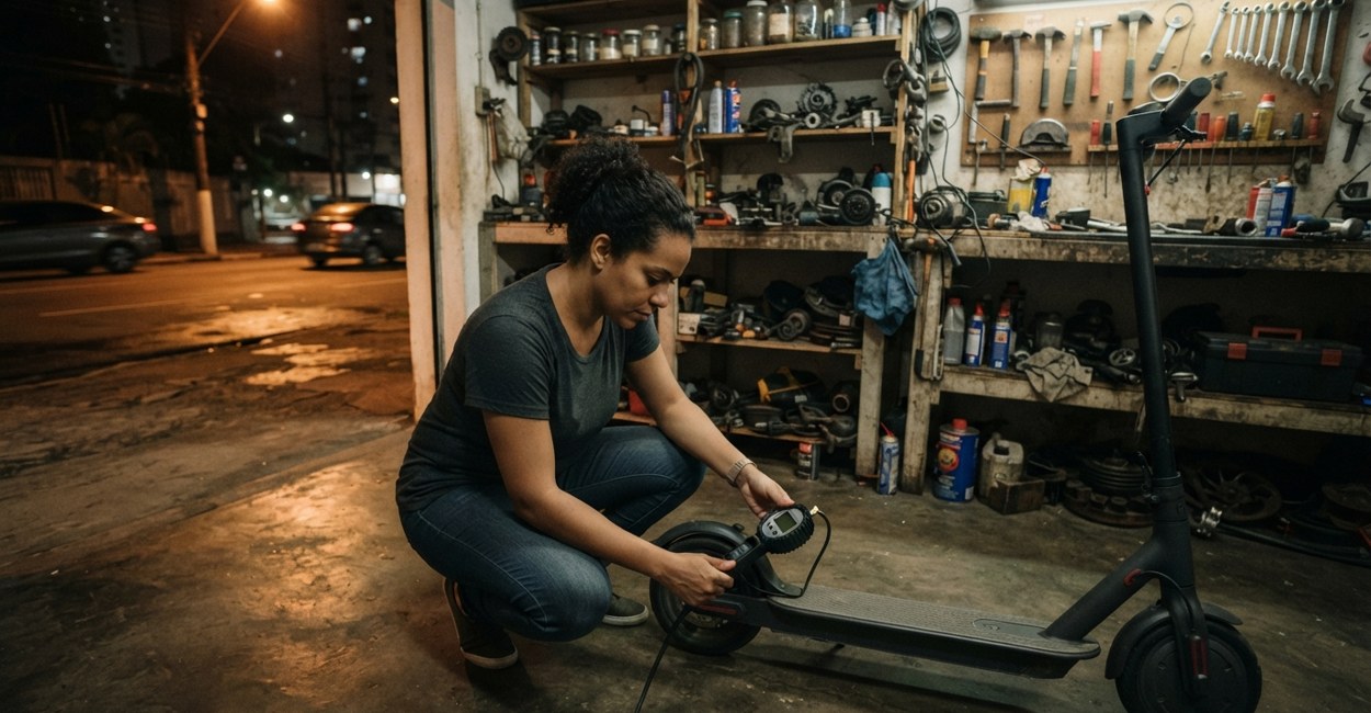 Mulher mede a pressão do pneu do patinete elétrico com um calibrador digital na garagem