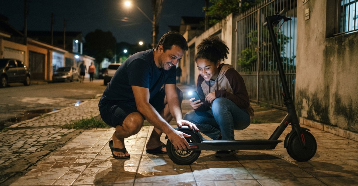 Pai gira a roda do patinete elétrico na calçada enquanto a filha ilumina com a lanterna do celular