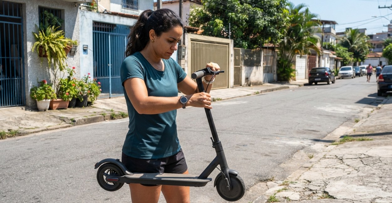 Mulher balança o guidão do patinete elétrico usado para testar folga na coluna e na dobradiça