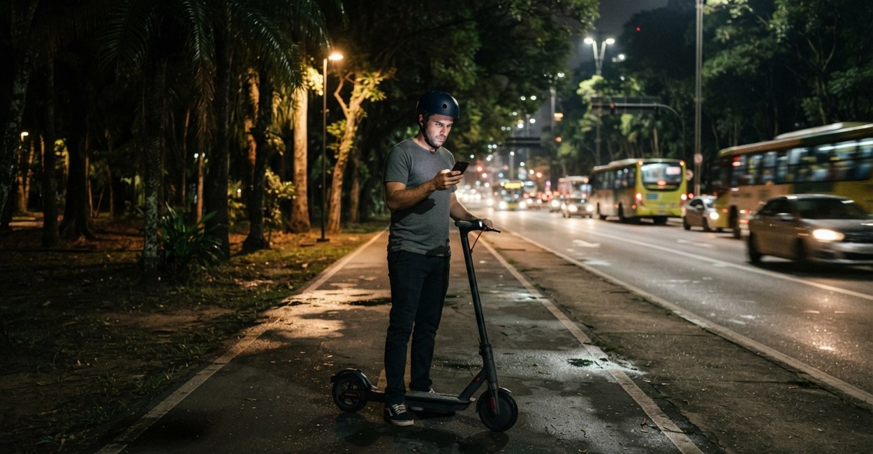 Homem confere a velocidade máxima do patinete elétrico usado num aplicativo de GPS no celular
