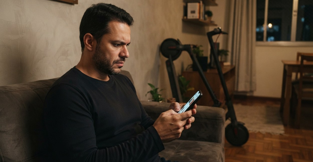 Homem sentado no sofá compara anúncios no celular com expressão desconfiada, com patinetes elétricos pretos ao fundo