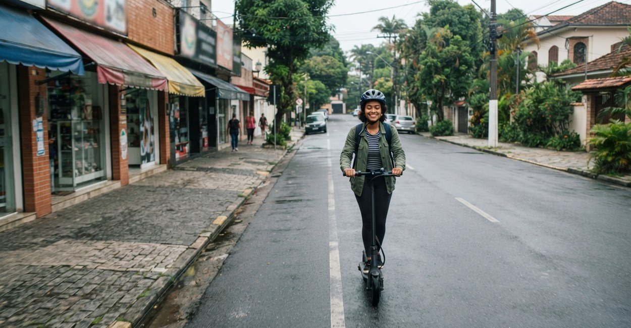 Jovem de capacete sorri ao conduzir um patinete elétrico dobrável preto numa rua plana de bairro arborizado