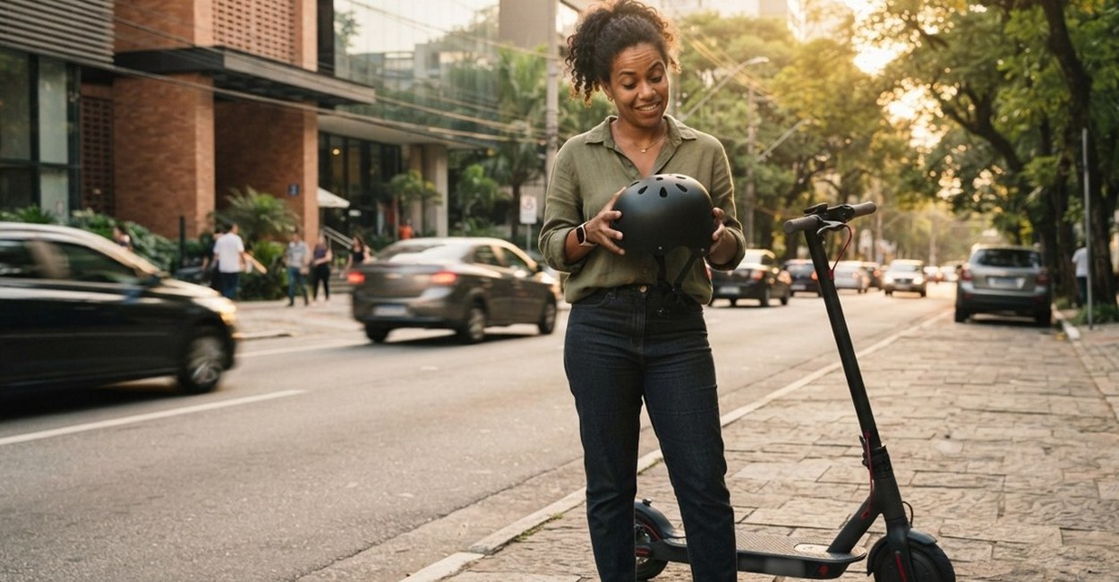 Mulher sorri segurando o capacete ao lado do patinete elétrico numa calçada