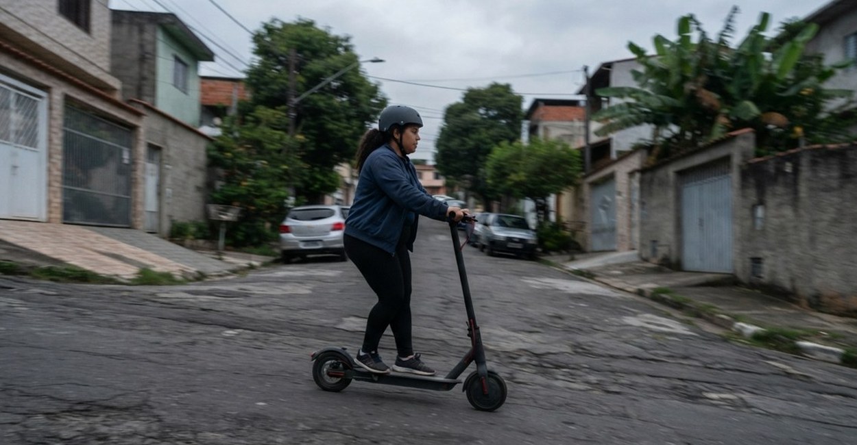 Mulher de capacete anda de patinete elétrico numa rua residencial de bairro