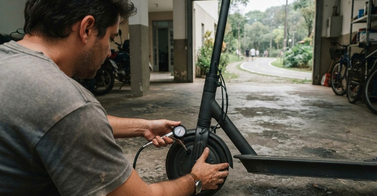 Homem calibra o pneu de um patinete elétrico