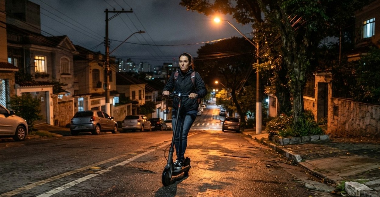 Mulher pilota patinete elétrico numa rua à noite