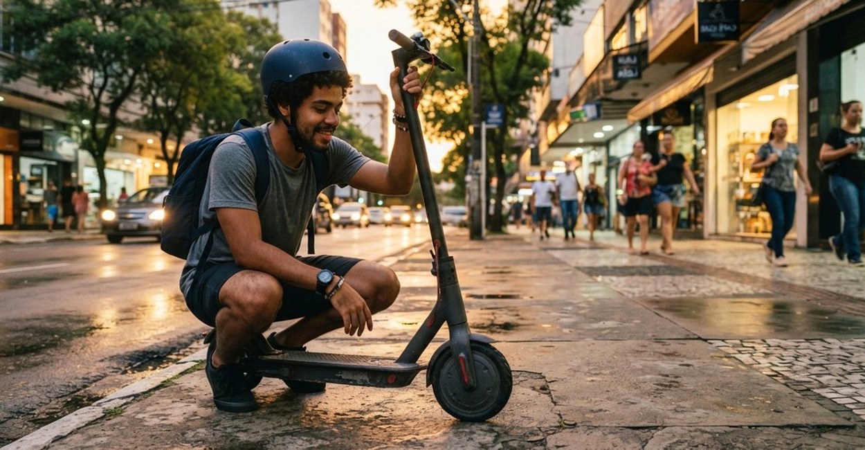 Jovem sorridente agachado ao lado do patinete elétrico na calçada