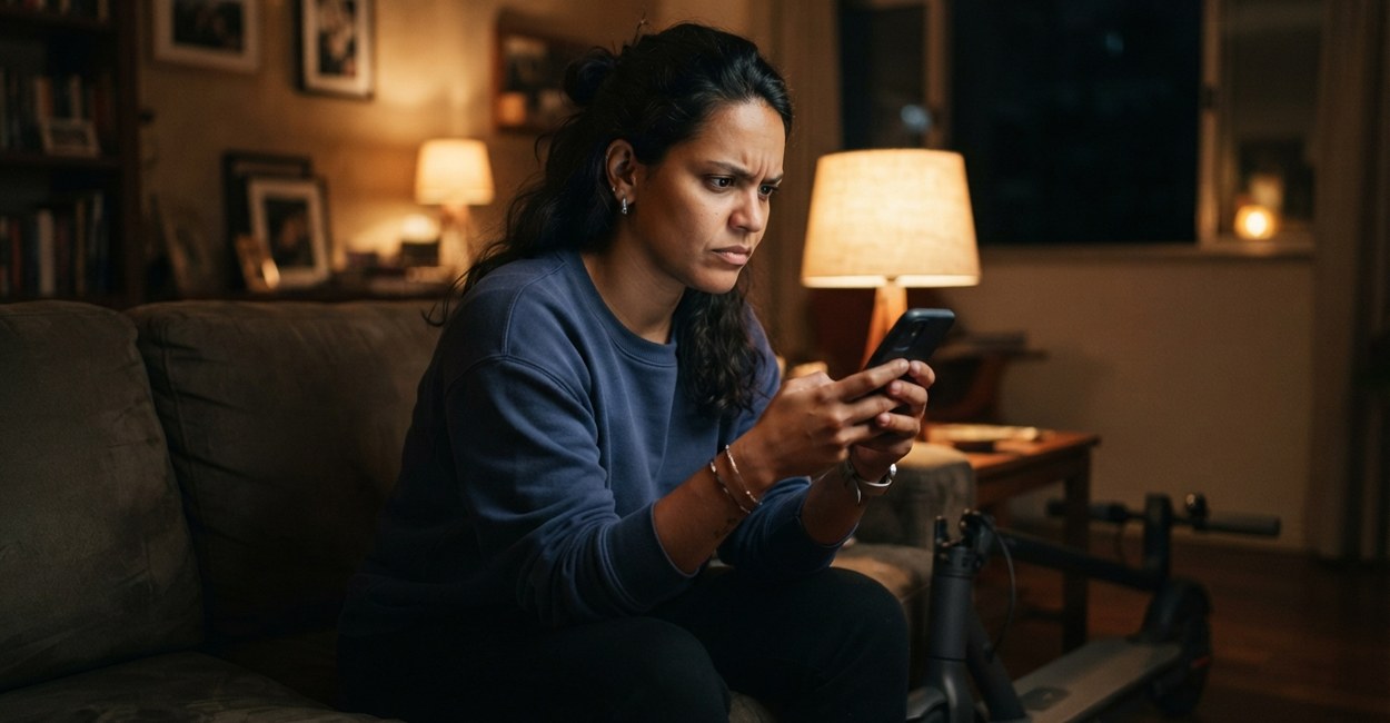 Mulher sentada no sofá à noite olha o celular desconfiada, com um patinete elétrico dobrado ao lado