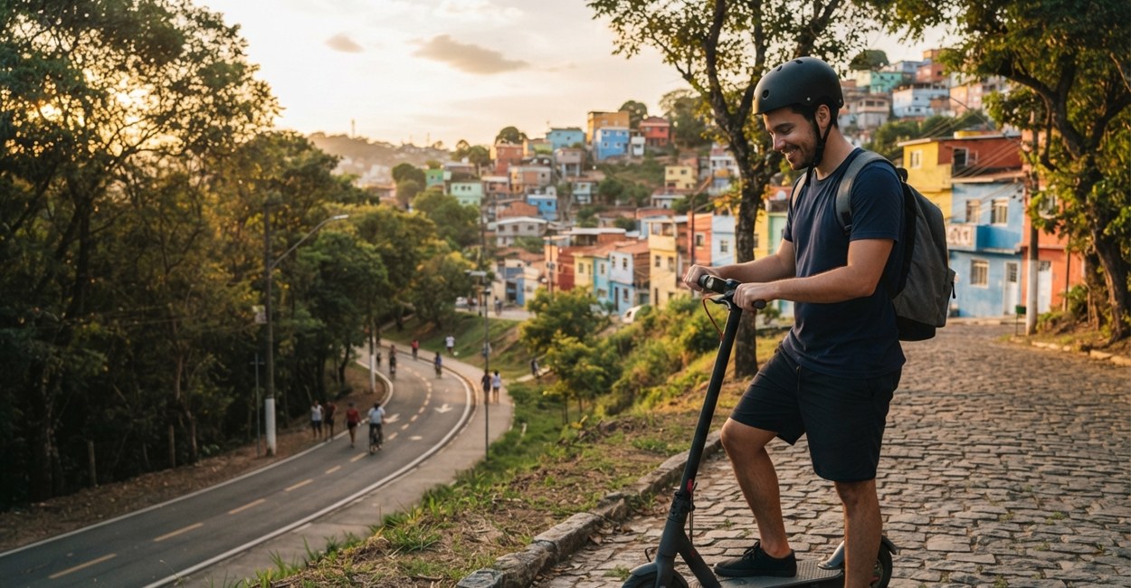 Rapaz de capacete sorri ao parar o patinete elétrico no alto de uma ladeira de paralelepípedo com casas coloridas ao fundo