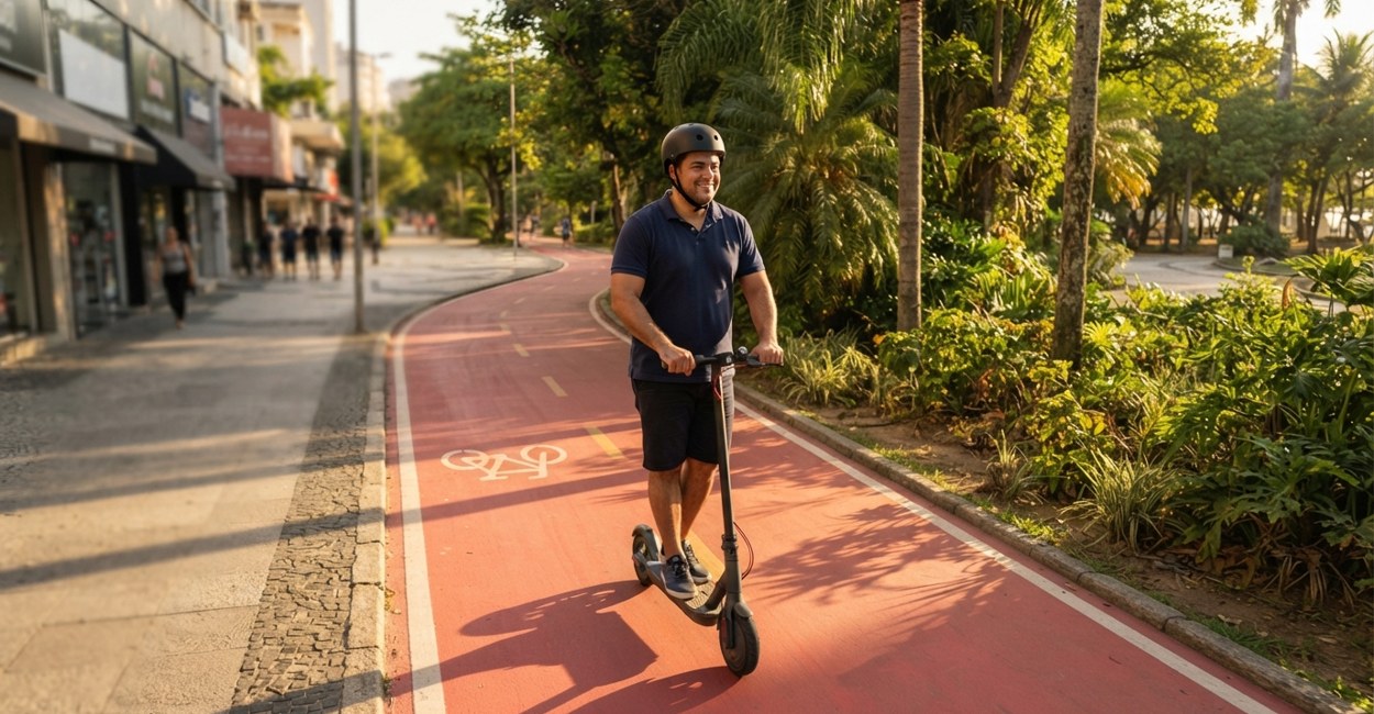Homem de capacete sorri em pé num patinete elétrico cinza-escuro numa ciclovia ao lado de um parque arborizado
