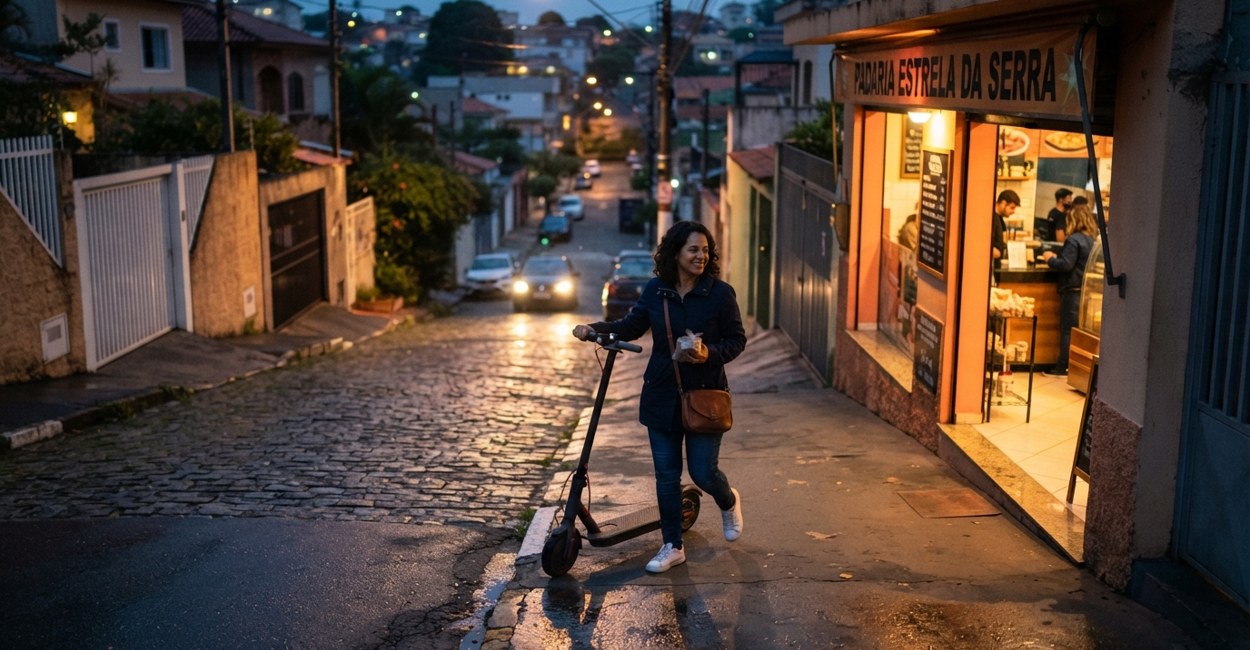 Mulher desce de patinete elétrico em frente a uma padaria no centro de Ribeirão Pires no fim de tarde
