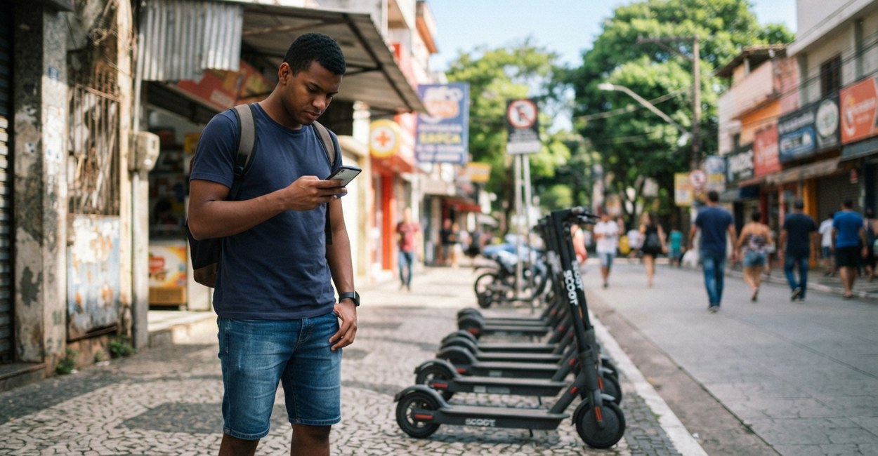 Rapaz confere no celular o ponto de estacionamento ao lado de patinetes elétricos enfileirados em Ribeirão Pires