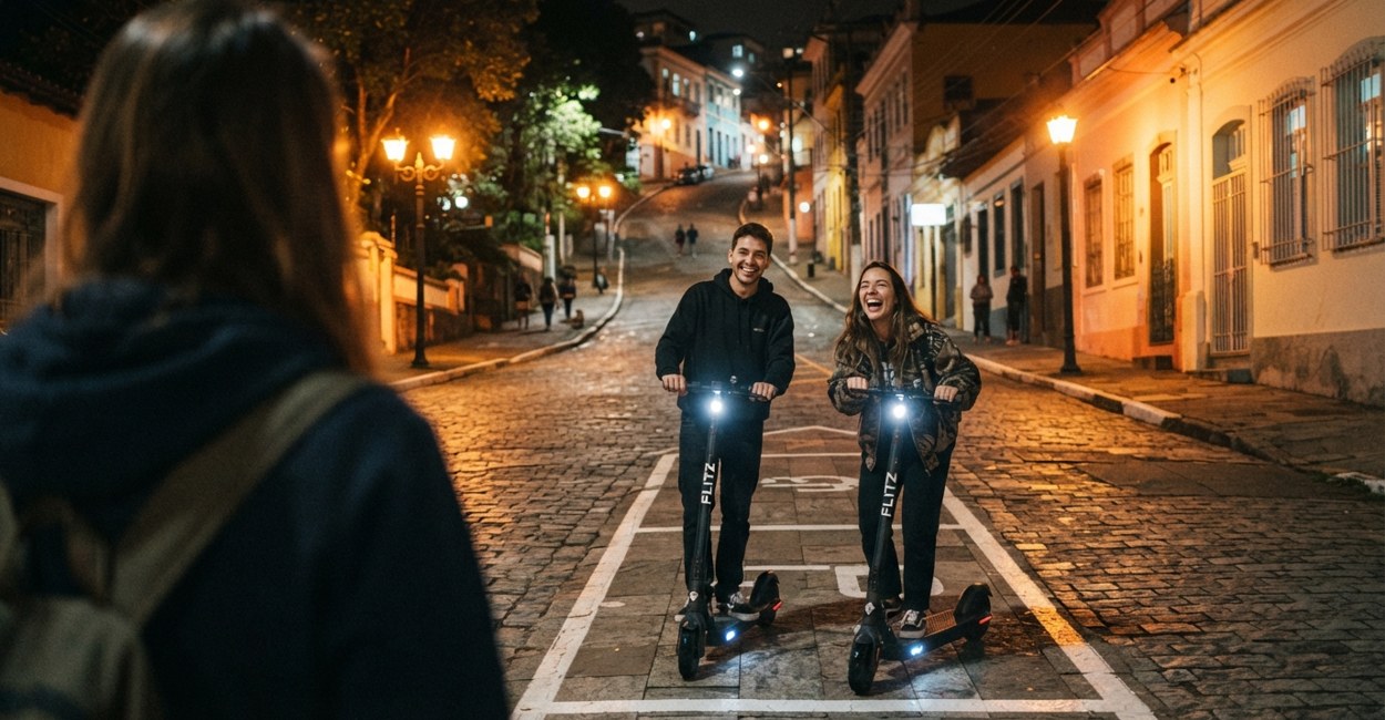 Dois amigos riem parados em patinetes elétricos numa rua em ladeira de Ribeirão Pires à noite