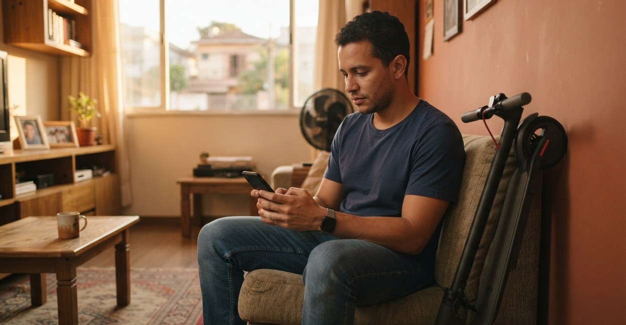 Homem sentado no sofá pesquisa no celular ao lado de um patinete elétrico preto encostado na parede da sala