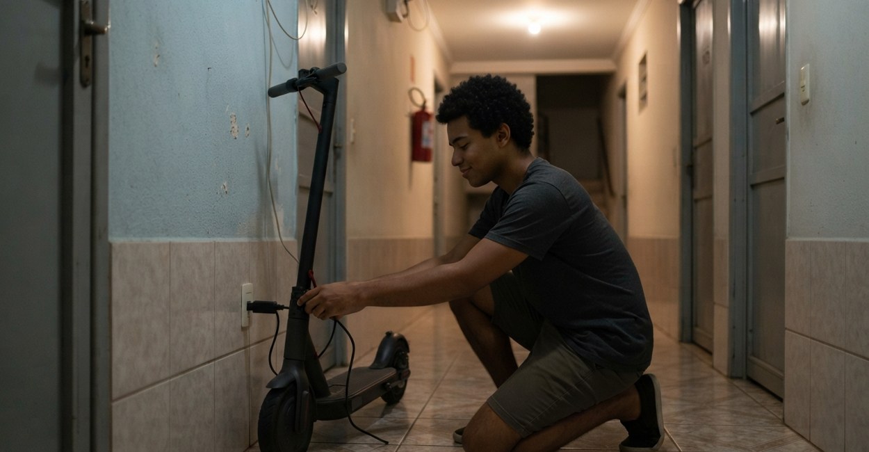Jovem agachado conecta o carregador na tomada de um patinete elétrico preto no corredor do prédio à noite