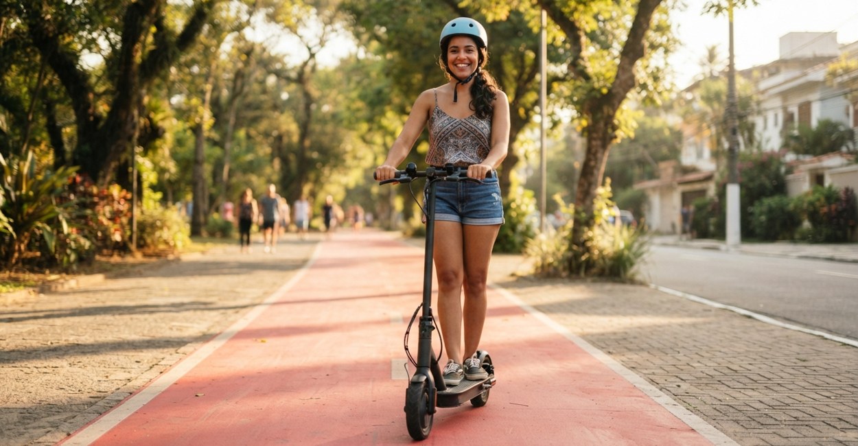 Mulher de capacete sorri em pé num patinete elétrico dobrável preto numa ciclofaixa de bairro arborizado