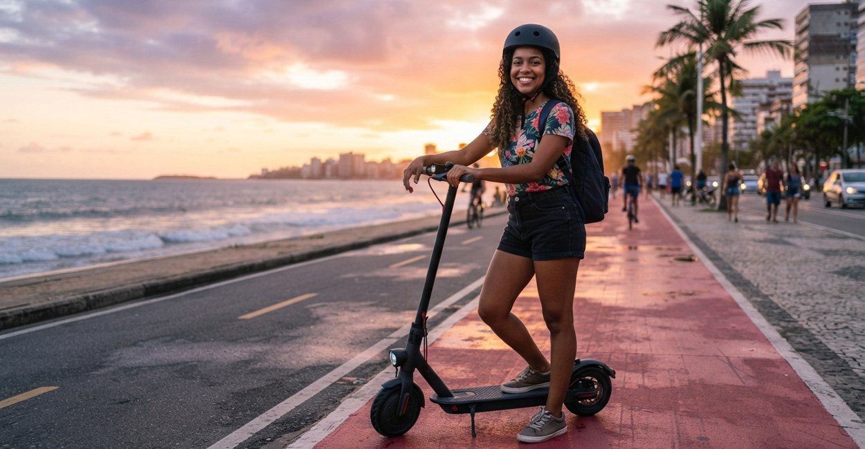 Jovem de capacete e mochila sorri ao lado de um patinete elétrico preto numa ciclovia à beira-mar no fim da tarde