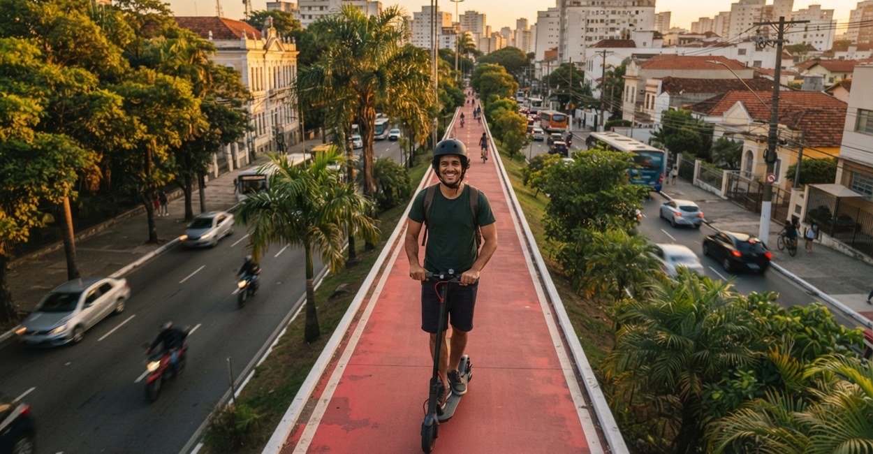 Homem de capacete sorri em pé num patinete elétrico preto numa ciclovia de avenida arborizada no fim da tarde