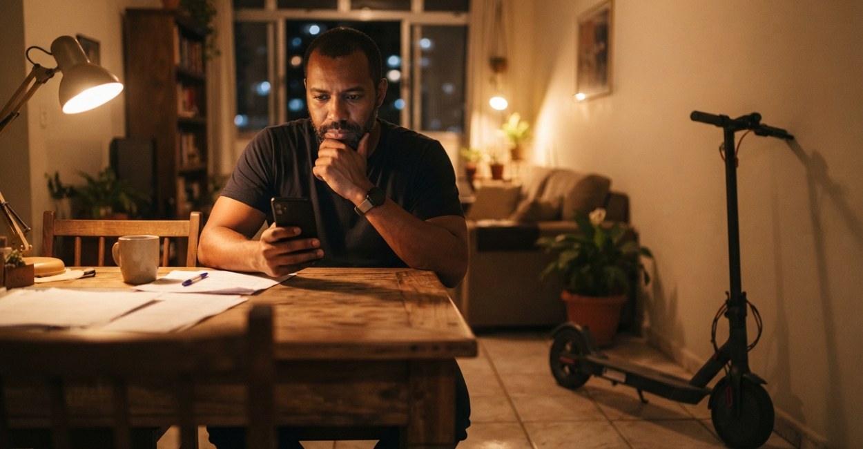 Homem sentado à mesa da sala à noite compara preços no celular ao lado de um patinete elétrico preto encostado na parede