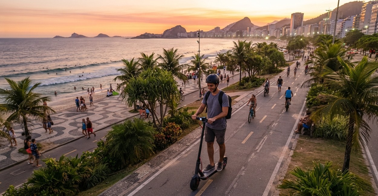 Jovem de capacete sorri parado com um patinete elétrico preto numa ciclovia à beira-mar no fim da tarde