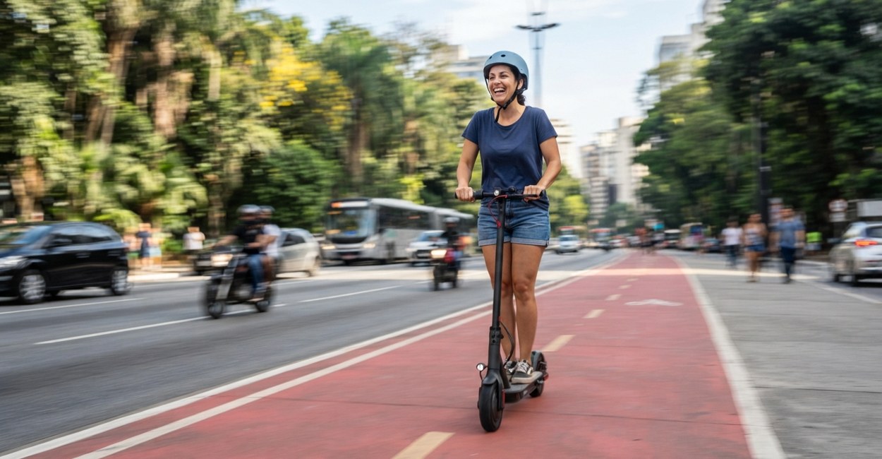 Mulher de capacete sorri em pé num patinete elétrico preto numa ciclofaixa de avenida arborizada