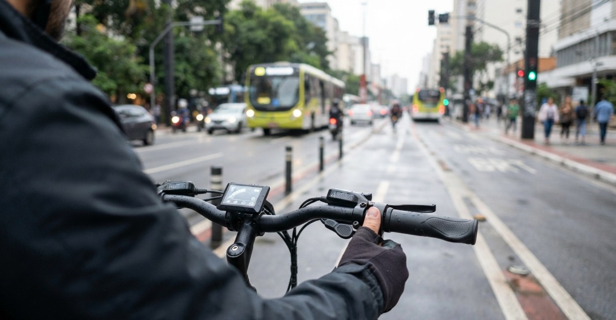 Detalhe do punho de bicicleta eletrica mostrando acelerador e painel