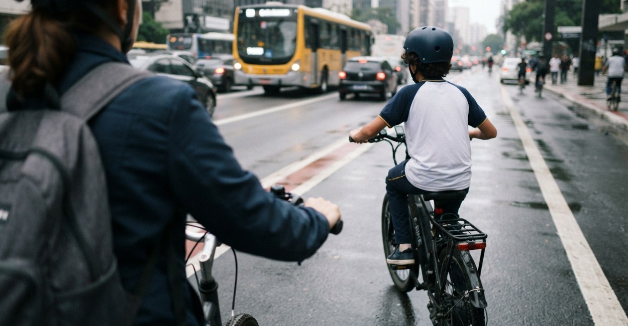 Adolescente de capacete pedala bicicleta eletrica em ciclovia ao lado da mae