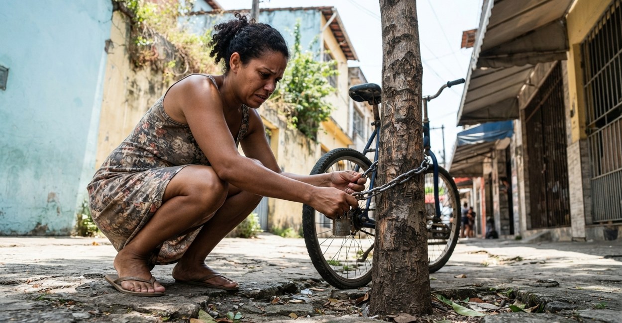 Mulher agachada prende uma bicicleta com corrente ao tronco de uma árvore jovem com a casca marcada