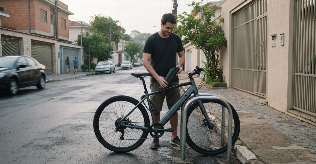 Jovem retira a bateria de uma bicicleta elétrica parada num paraciclo metálico na calçada