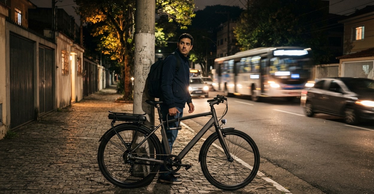 Homem de mochila ao lado de uma bicicleta elétrica encostada num poste de concreto, olhando em volta antes de prender