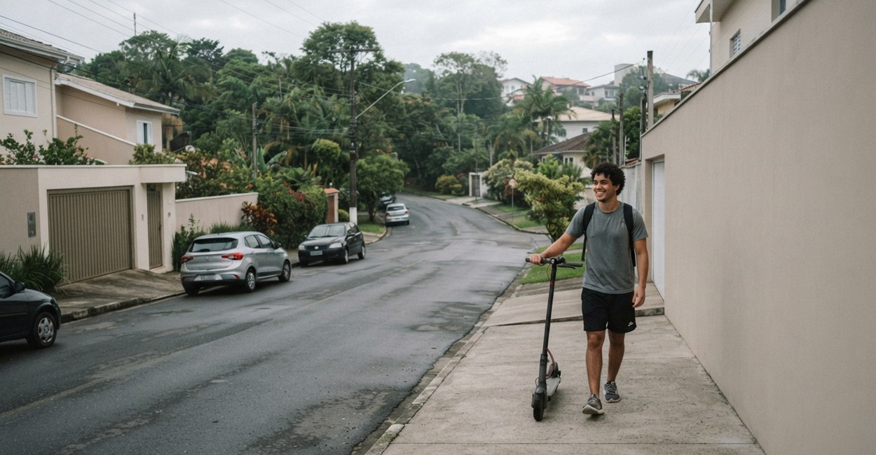 Rapaz sorridente caminha pela calçada de manhã empurrando o patinete elétrico carregado