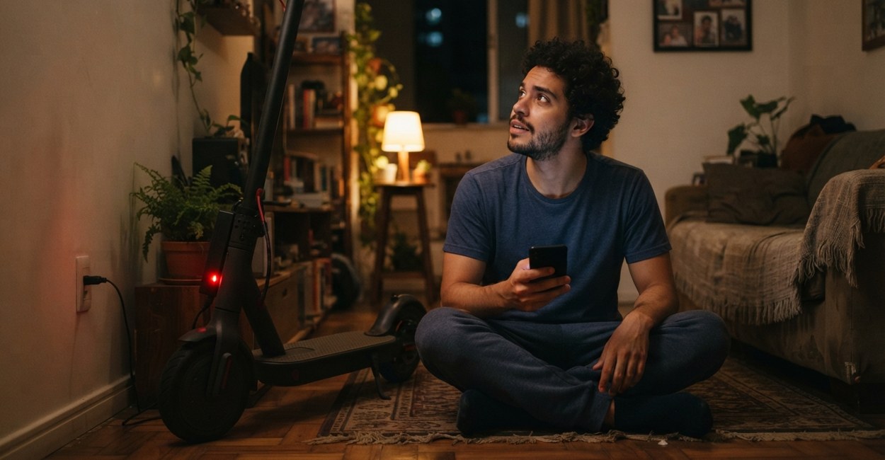 Rapaz sentado no chão da sala à noite olha a luz do carregador ligado ao patinete elétrico