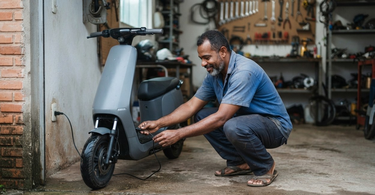 Homem agachado confere o cabo do carregador ligado na tomada ao lado de uma scooter elétrica cinza na garagem
