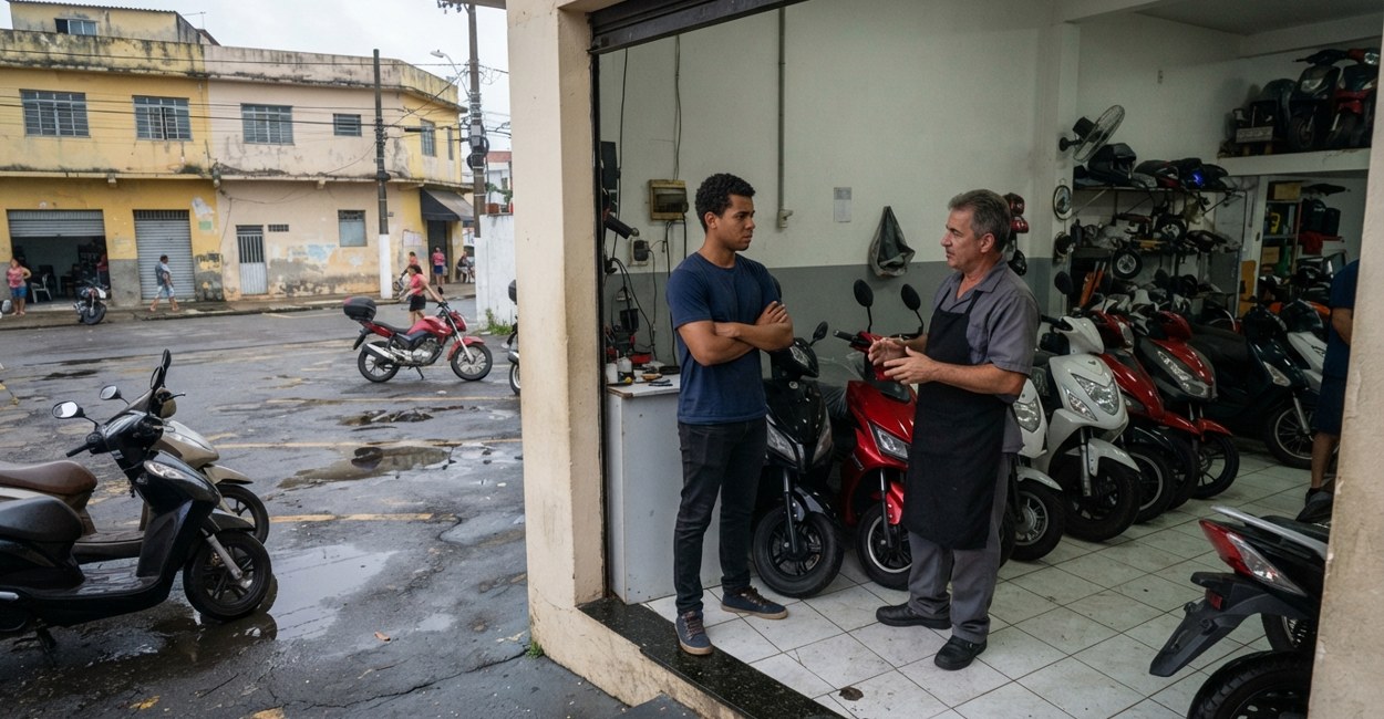 Rapaz de braços cruzados conversa com um vendedor na porta de uma loja de scooters elétricas de bairro
