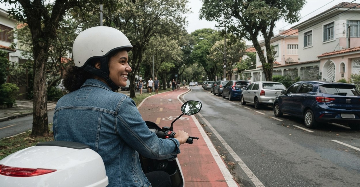 Mulher de capacete branco sorri ao pilotar uma scooter elétrica branca com baú numa rua arborizada