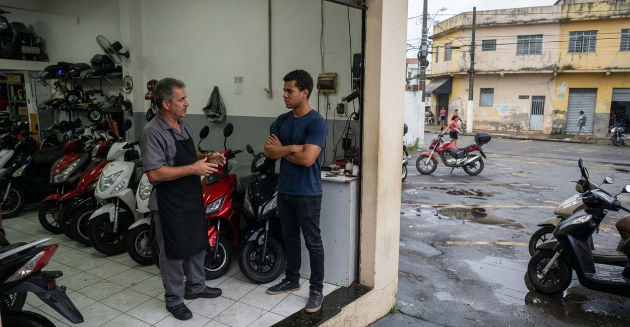 Cliente conversa com o vendedor na porta de uma loja de motos e scooters