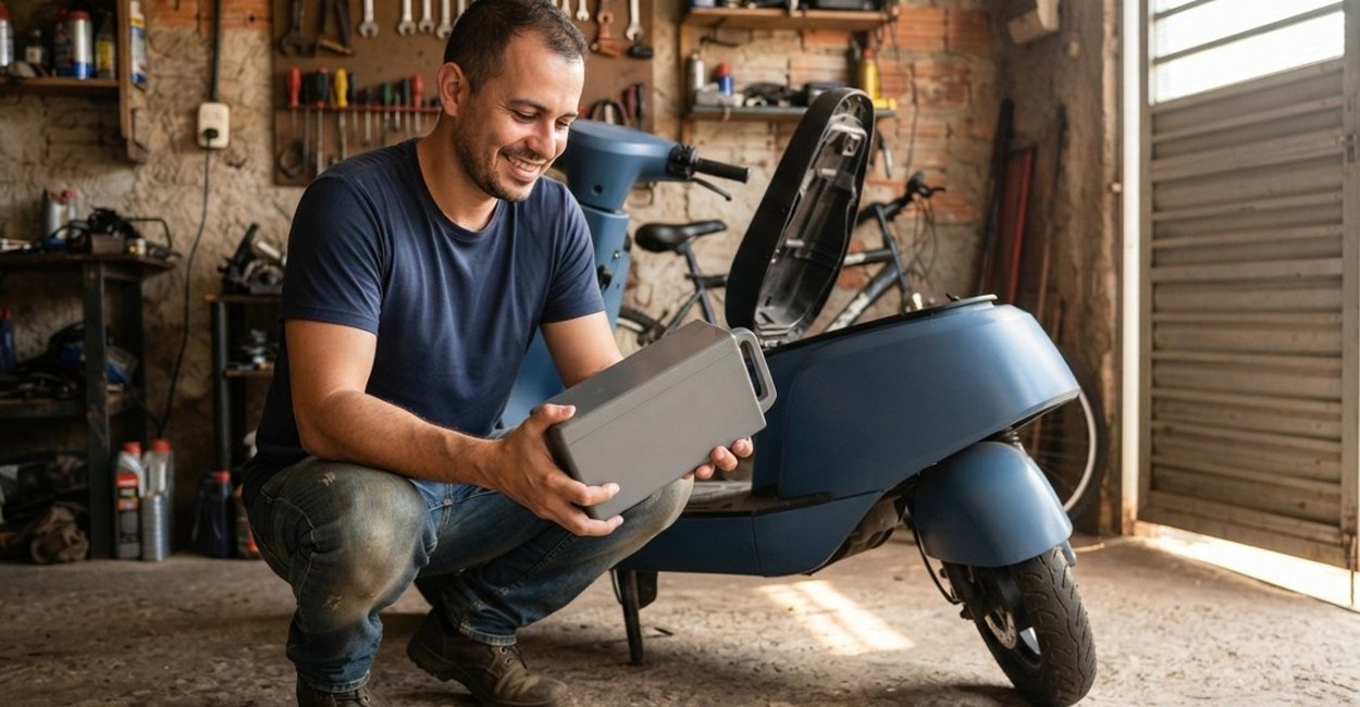 Homem retira sorrindo a bateria removível de uma scooter elétrica na garagem
