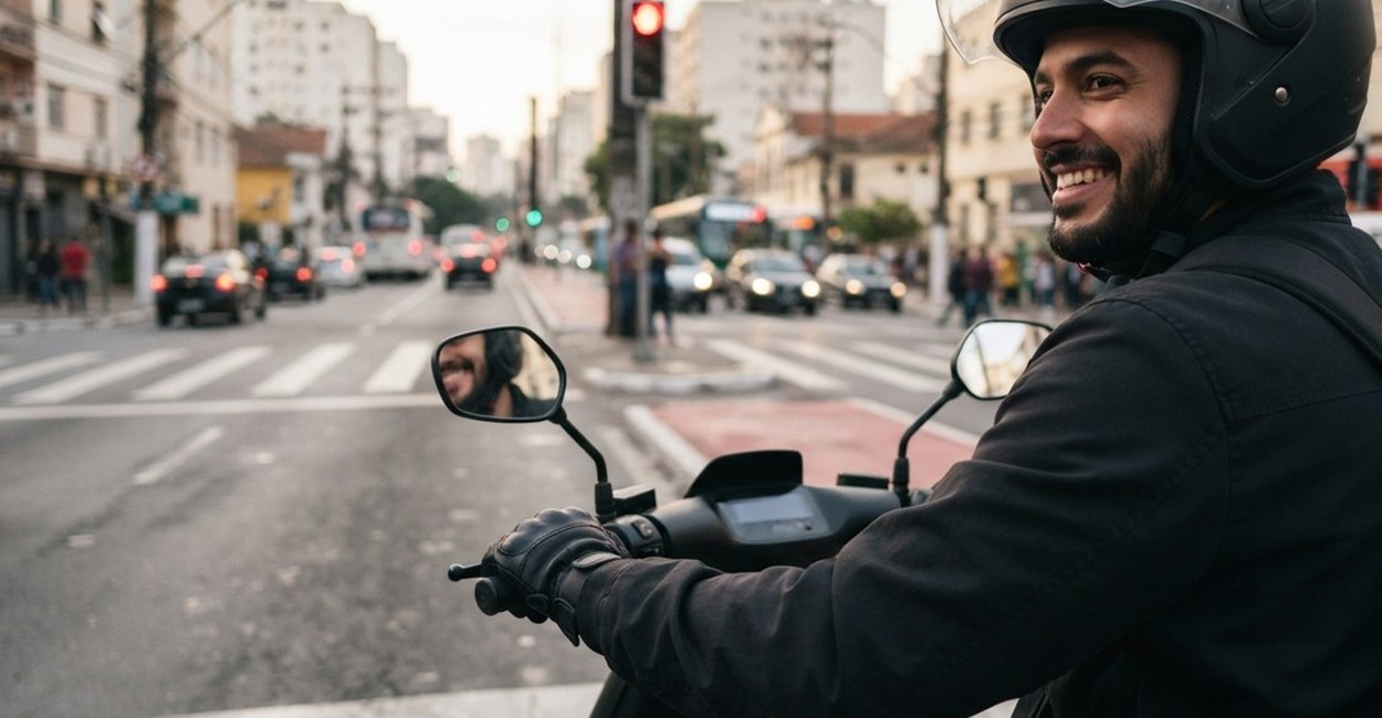 Homem de capacete sorri pilotando uma scooter elétrica numa avenida da cidade