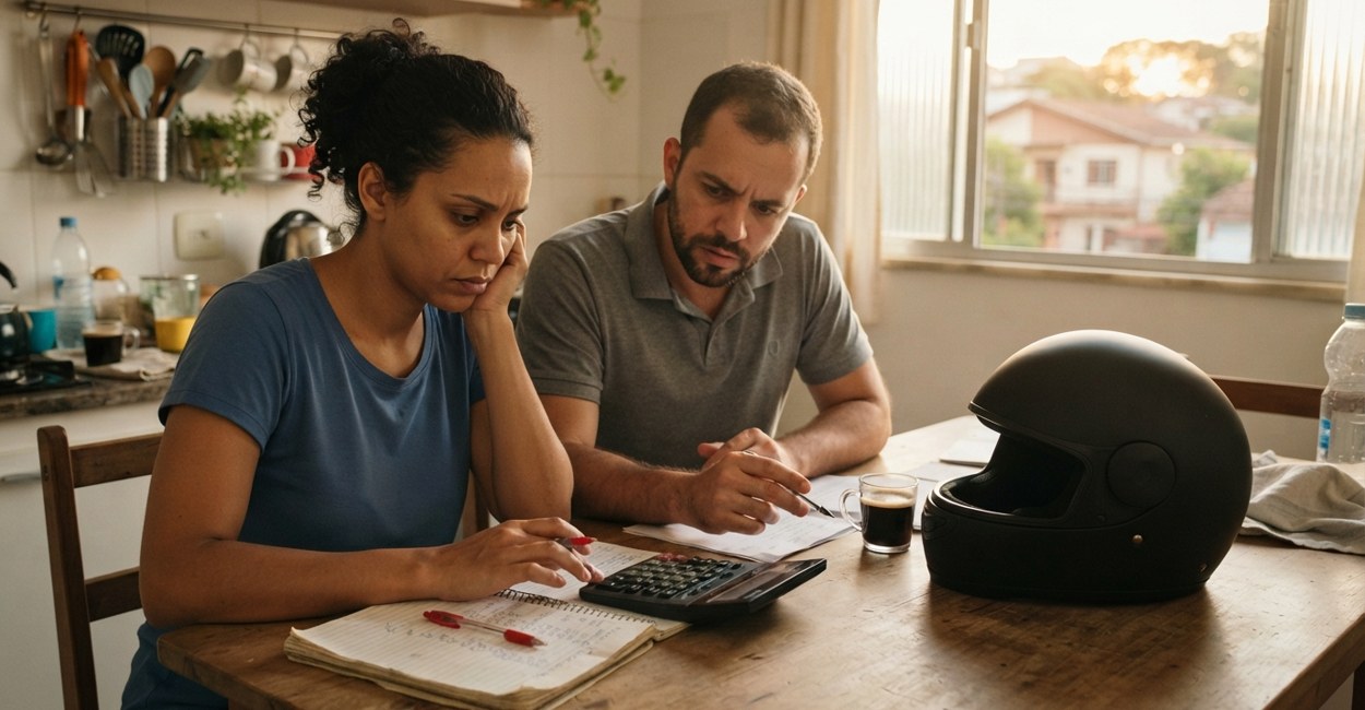 Casal sentado à mesa da cozinha faz contas com calculadora e caderno ao lado de um capacete preto