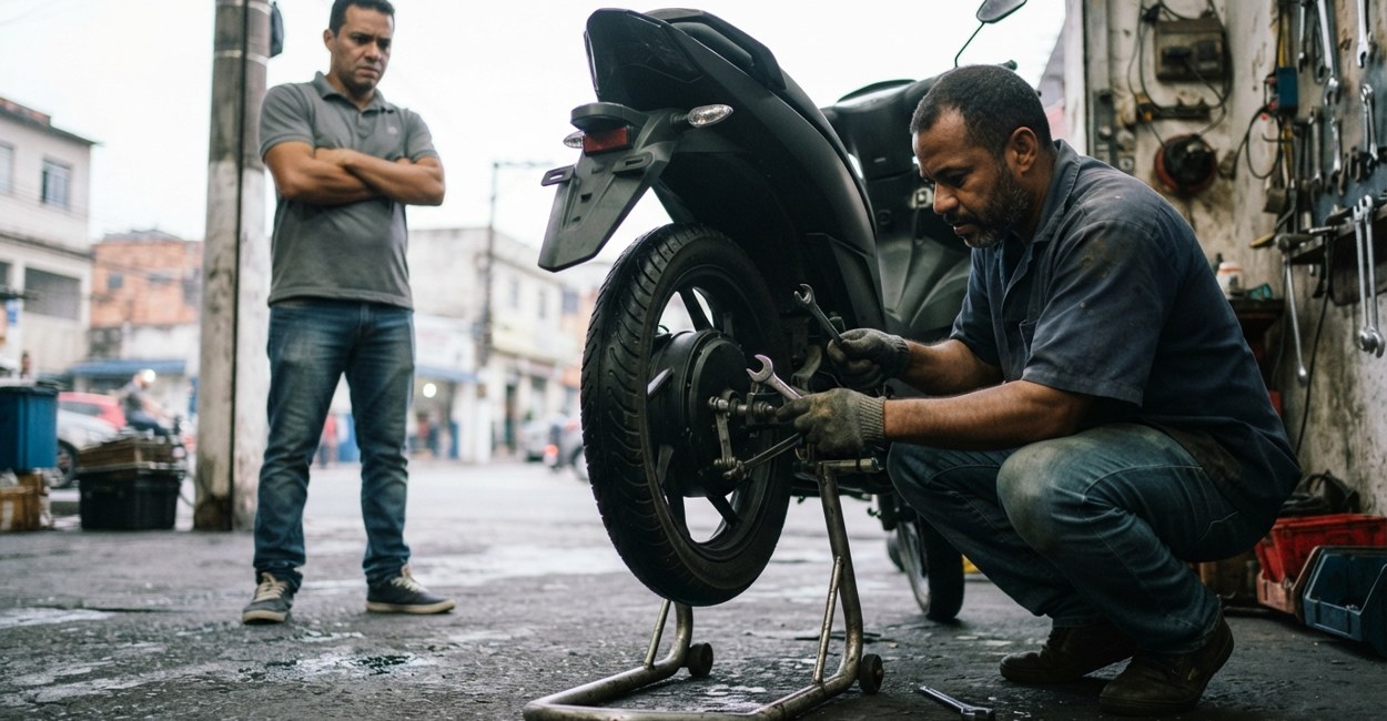 Homem de braços cruzados observa um mecânico examinar a roda traseira de uma moto elétrica preta numa oficina de bairro