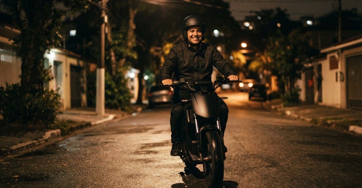 Homem de capacete sorri ao pilotar uma moto elétrica preta fosca numa rua residencial arborizada à noite