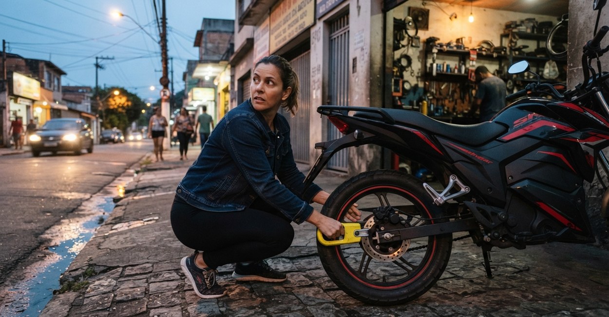 Mulher prende a moto elétrica estacionada na calçada com trava de disco ao entardecer