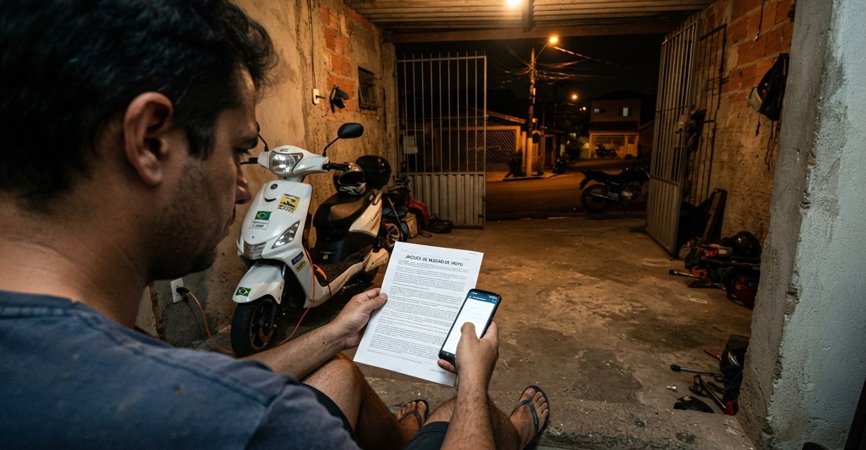 Homem sentado no degrau da garagem lê a apólice do seguro no celular ao lado da moto elétrica carregando