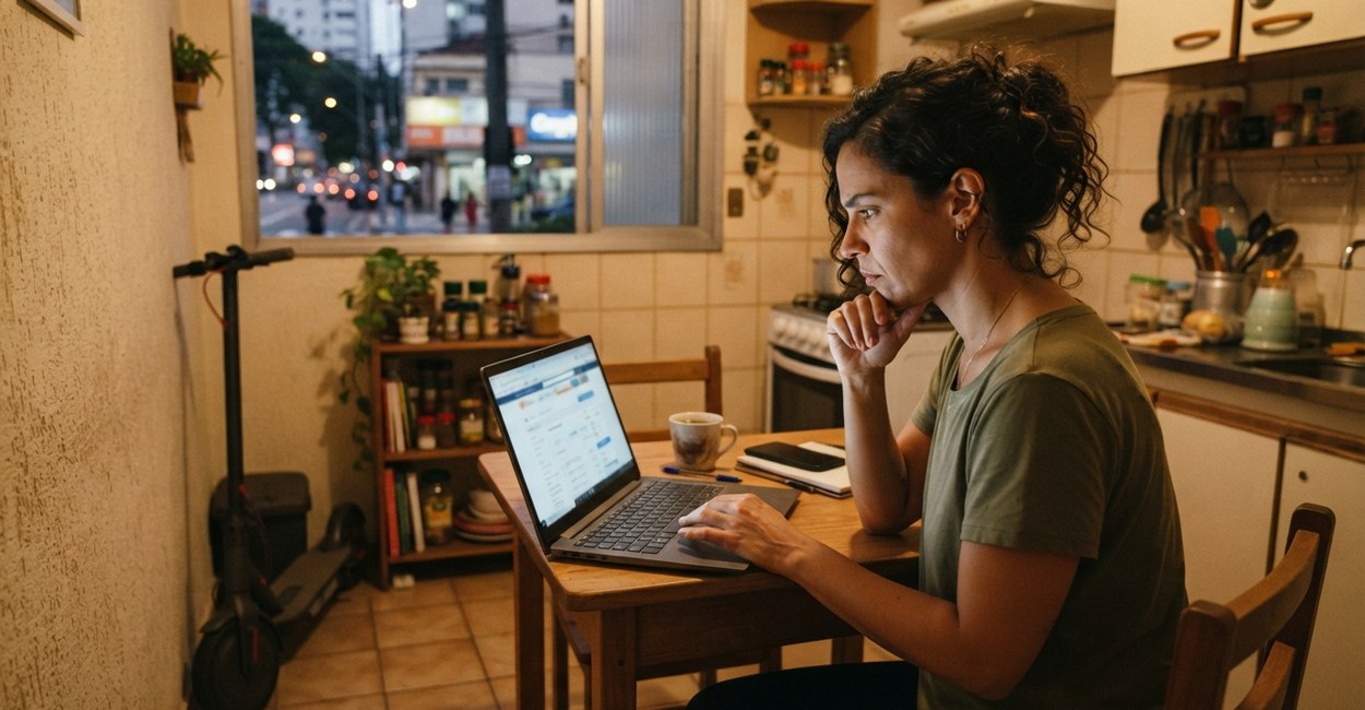 Mulher sentada à mesa da cozinha compara preços no notebook ao lado de um patinete elétrico dobrado encostado na parede