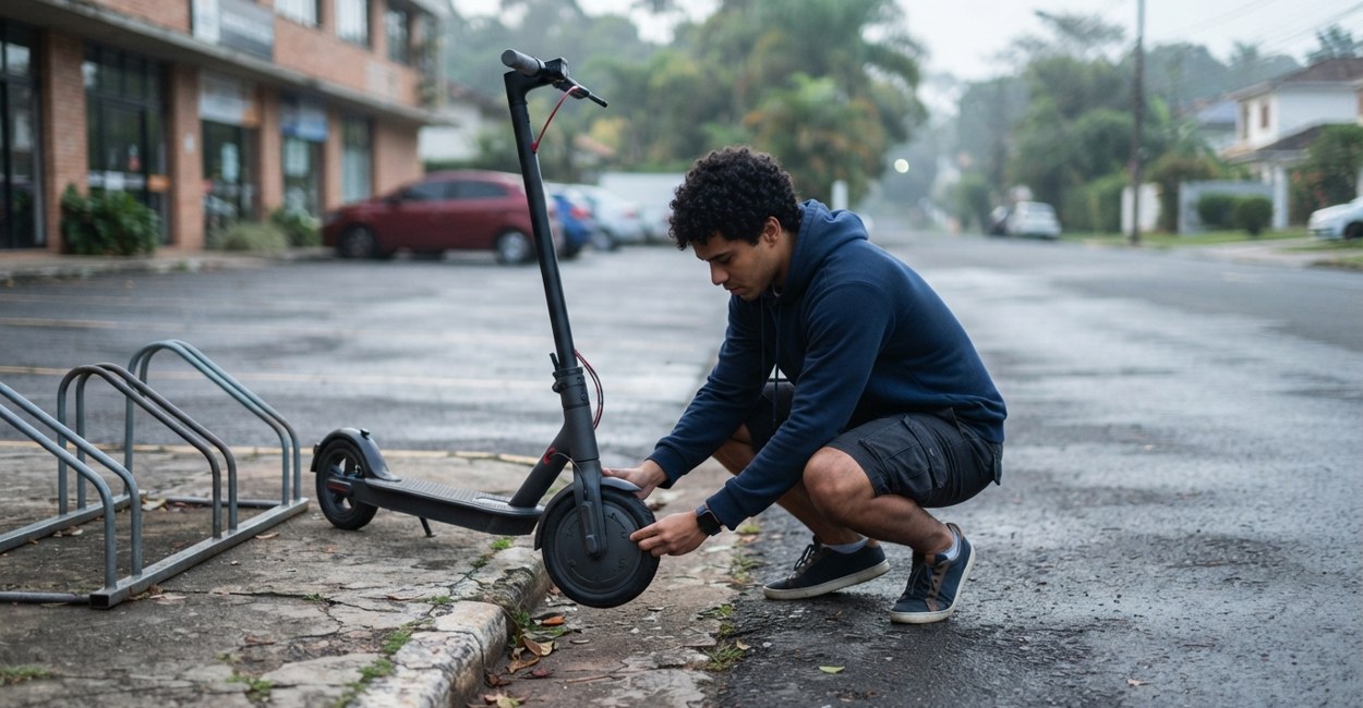 Jovem agachado na calçada confere o pneu dianteiro de um patinete elétrico preto estacionado num bairro residencial