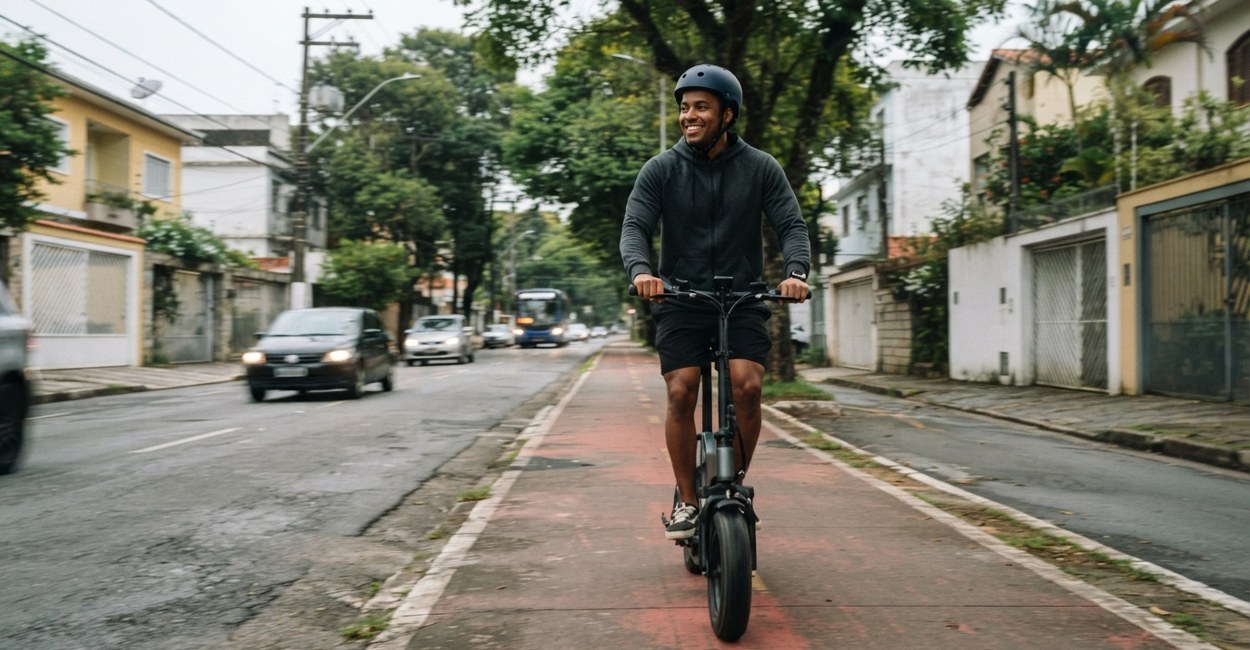 Homem de capacete sorri ao conduzir um patinete elétrico dobrável cinza-escuro numa ciclovia de bairro arborizado