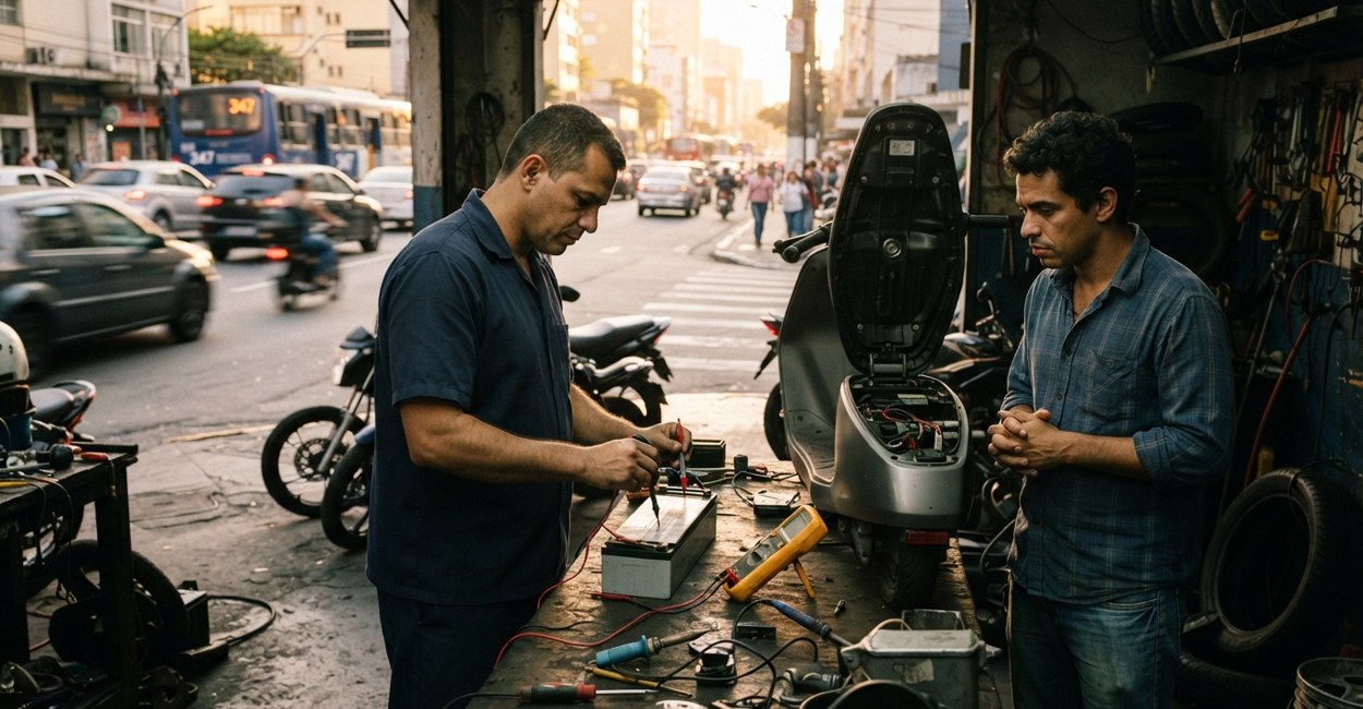 Mecânico mede com multímetro a bateria de uma scooter elétrica com o banco levantado enquanto o dono observa